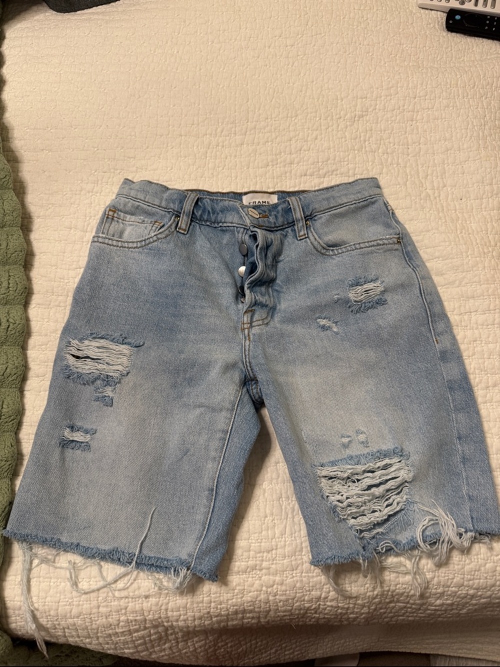 Frame Denim Light Wash Distressed Button-Fly Bermuda Shorts